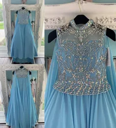 Vestidos de concurso de chiffon azuis para adolescentes 2019 com shrap bling shornones longos vestidos de concurso para meninas zíper de volta Par6117899