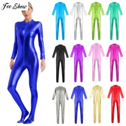 Womens Shiny Metallic Zentai Jumpsuit Mock Neck Long Sleeve Front Zipper Full Body Unitard Tights for Stage Performance Clubwear