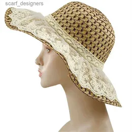 Breite Krempelnhüte Eimer Hats Eltern-Kind-Gewebe Sonnenhüte für Frauen Spitzenband Schnüre-up großer Schwim Girl Strohhut Outdoor Strandhut Sommer Cap Chapeu Feminino Y240409