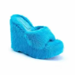 Slippers New Fur Slider Womens Wedge High Heels Fashion Outdoor Full Matching Shoes Slide H240409 7JEB