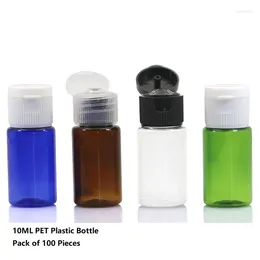収納ボトル100pcs 10ml小旅行空のフリップキャップボトルグリーンブルークリアプラスチックプラスチック補充可能な液体香水オイルコンテナ