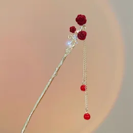 Chinese Hair Stick Red Rose Floral Hairpin Tiaras For Women Tassel Metal Tiaras Classic Girls Hair Bun Jewelry Girl Retro Bijoux