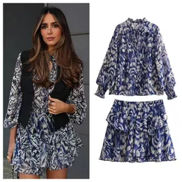 PB ZA Spring Womens Fashion Style Versatile Layered Decorative Printed ShirtMini Skirt Set 240329