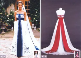 Embroidery Beading Bridal Ball Gown Strapless White With Red Wedding Dress Plus Size Royal Blue Satin Aline Wedding Gown9542793