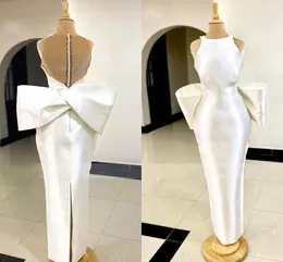 Zarif kılıf beyaz akşam elbisesi 2024 o boyun büyük yay illüzyon düğmeleri sırt saten resmi balo parti elbisesi robe de soiree