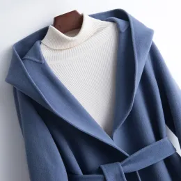 Autumn Women Wide Laple Hooded Woolen Coats Regular Length Cashmere Long Coats Open Stitch Belt Winter Clothes Tops Abrigo Mujer