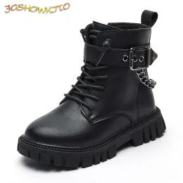 Boots Children New Boots Softsoled Girls Tide Boots Autumn and Winter Warm British Style Boys Leather Boots Student Metal Chain Hot
