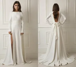 2018 Dream Lihi Hod Country Dresses Dresses Sweep Sweep Train Simple Long Sleeve Bridal Dress Popular Satin بالإضافة إلى حجم رخيصة Wed5629622