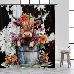 Funny Highland Cow Shower Curtain Watercolour Floral Plant Cute Farm Animal Bath Curtains Set Fabric Home Bathroom Bathtub Decor