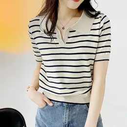 Kobiety Summer Polo Tshirt Causal Bawełniany krótki rękaw Lady T Shirt Striped Female Fashion Top TEE 240409