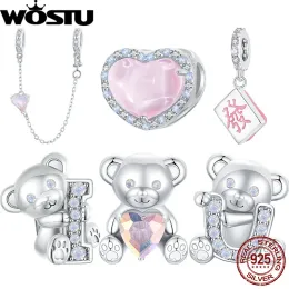 Wostu 925 Sterling Silver "I Love U" Bear Charm Pink Heart Perle Opal Silicone Safety Chain Fit Bracciatina originale Gift Valentine