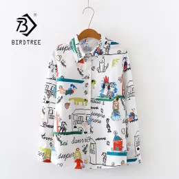 Klänningar 2020 Spring New Women Cartoon Doodle Print Chiffon Blue Autumn Long Sleeve White Shirt Vintage Loose Tops Feminina Bulus T9D74