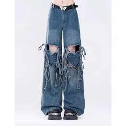 Damen Y2K Jeans Harajuku 90er ästhetische Baggy Bandage Jeanshose Korean Herz Hohlhohl aus Jean Hosen Vintage 2000er Jahre 240401