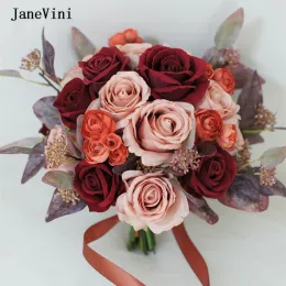 Janevini Vintage Burgundy Bridal Bouquets Roses Eucalyptus Bride Wedding Flower