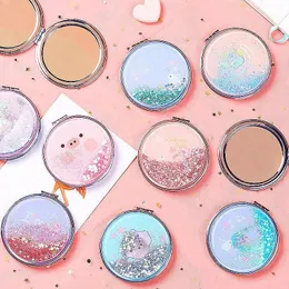Tshou105 Fashion 2face Mini Pocket Makeup Mirror Creative Cosmetic Compact Mirrors with Flowing Sparkling Sand Cartoon 240409