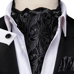Hitie Silk Silk Black Mens Ascot Tie Pocket Square Cufflinks Set Jacquard Woven Cravat for Mal Goomsmen Wedding Business Events240409