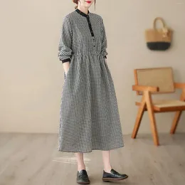 Vestidos casuais primavera na primavera plaid share sleeve women 2024 elegante botão maxi vestido escritório trabalho femme manto