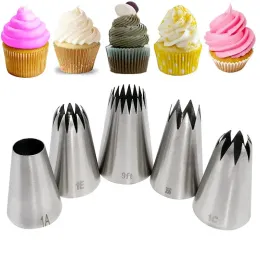 5pcs große Metallkuchencreme Dekoration Tipps Set Gebäckwerkzeuge Edelstahl Rohrleitungsdüsen Cupcake Head Dessert Dekorateure