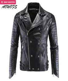 Whole AOWOFS Mens Leather Jackets Black Motorcycle Jackets Skulls Rivets Oblique Zipper Slim Fit Quilting Punk Leather Jacket9638387