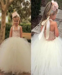 2018 Bling Bling Rose Gold Sequin Flower Girl Dresses Cute Ivory Halter Lenter Ball Ball Little Little Little Girls Dresses7946765