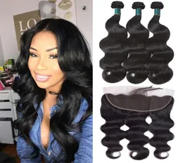 Body Wave Human Hair Pakiety z czołowym 100 Brazylijskim Remy ludzkie włosy splot 3 pakiety z 134 koronkowymi przedłużkami włosów czołowych 128915704