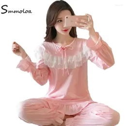 Home Clothing Smmoloa Herbst Frauen Baumwolle Nachtwäsche Spitze Langarm Pyjamas