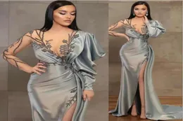 2022 Gümüş Kılıf Uzun Kollu Gece Elbise Giyim Illusion Crystal Beading Yüksek yan bölünmüş zemin uzunluğu parti elbisesi balo elbiseleri 3995071