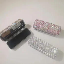 Förvaringsflaskor lyxiga glittrande läppstiftfodral glittrande strass bling kosmetisk behållare makeup skönhetslåda med spegel resor