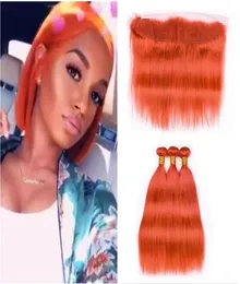 Orange Human Hair Weft med spetsens frontal stängning 13x4 Del Malaysisk jungfrulig människohår 8a raka hårbuntar med spets Fro4284739