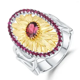 Anéis de agrupamento que cumprem o rodolito natural Garnet Gemstone Ring Sunflower 925 Mulheres de prata esterlina