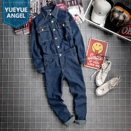 Safari -Stil Männer Herbst Langarm Denim Overalls Casual Work Cargo Hosen Slim Jeans Jumpsuit Vintage Cowboy Rompers 240403