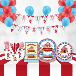 سيرك Birtday Party Supplies Carnival Cake Topper Paper Cups Plate Plate Invitations Hanging Favor Favor Facs Straws Decor Decor