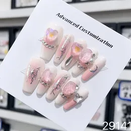 Made Y2K Fake Nails Pink French Luxury Reutilable adesivo Falso com Design Dicas de unhas de capa completa de acrílico de comprimento médio 240328
