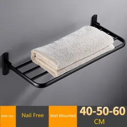 Folding Bathroom Towel Rack Black/White Aluminum Movable Bath Towel Holder 40/50/60 CM Bath Shelves Nail Free/Wall Towel Rail