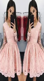 2018 Nuovi abiti da cocktail corti a V Sweet Pink V Necks Longsleeves Aline Applique Mini abiti da ritorno a casa a buon mercato1330808