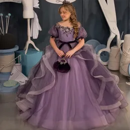 2024 New Purple Little Girls Pageant Dresses Beaded Crystals Ball Gown Crew Neck Kids Toddler Flower Prom Party Gowns for Weddings cascading ruffles