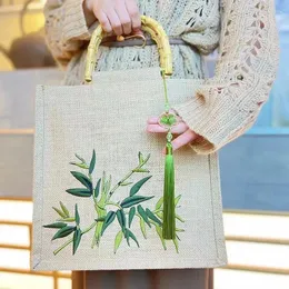 Förvaringspåsar bambu liten handväska kvinnors cheongsam väska tote jute stor kapacitet blixtlinne linne vintage vävt allt-i-ett