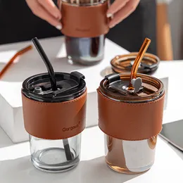 Ins Style Coffee Cup Glass Mug Cups with Lids and Straws Leak-proof Kawaii Cup Beautiful Tea Mugs Leather Cup SleeveTableware