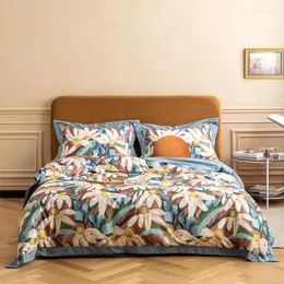 Conjuntos de cama de cama impressão digital cetim flor largo abeto algodão conjunto de edredão linho de linho equipado com folhas de lençóis têxteis domésticos têxteis