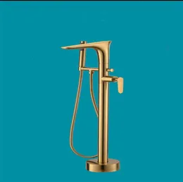 Luxury mässing borstat guldgolvmonterat badkar kran Enkel handtag Dual Control Standing Mixer Filter Tap RS003272X3842818