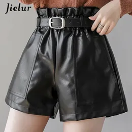 Jielur Pu Autumn Winter Women Shorts Slim High Waist Solid Color Womens Chic Korean Belt LeatherショートズボンSXL 240409