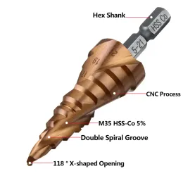 M35 5% кобальт-ступенчатый бит HSS-CO Cone Hex Shank Shank Metal Drill Brill Cutter 3-12/4-12/4-20/4-22/4-32/4-26/5-21/5-27/6-24 мм