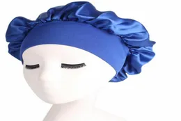 12510 st 58 cm fast färg duschkappar Långt hårvård Kvinnor Satin Bonnet Cap Night Sleep Hat Silk Head Wrap Justera duschkappar6784929