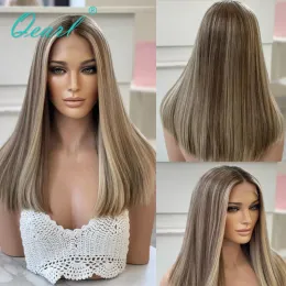 Nuovo in Virgin Human Hair Wig Wig Silky Stelly Straight 13x6 parrucche frontali in pizzo per donne Ash Brown Blonde Highlights 180% Spesso