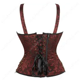 Steampunk Corset Women Plus Size Pirate Brown Corset Jacquard Lace Up Front Corset with Straps Black Overbust Bustier Gothic