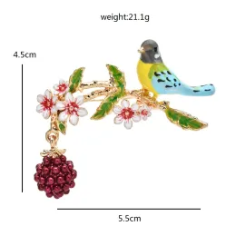 Wuli&baby Cute Fruits Bird Brooches For Women Enamel 2-color Beauty Bird In Flower Branch Party Office Brooch Pin Gifts