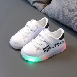 Tênis novos filhos lideram sapatos iluminados para meninos meninas bordados desenhos animados gatos tênis primavera infantil esportes luminosos sapatos brancos casuais