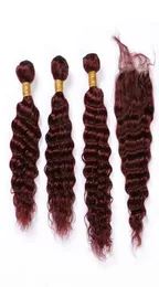 99J Wine Red Malaysian Deep Wave Hair Hair 3 حزم وإغلاق Burgundy Red Weaves Wave Deep Curly Virgin Hair Extensions مع 4017707