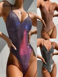 Glitter Thong One Piece Swimsuit Kobiet 2021 Błyszczące push Up Up Szybźnie Monokini Suits For Ladies Kąpiel Gold Purple8747718