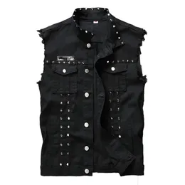 Idopy Fashion Mens Rivet Denim Vest Punk Party Studded Slim Fit Jean Jacket Male Sleeveless Waistcoat For Men Plus Size 240327